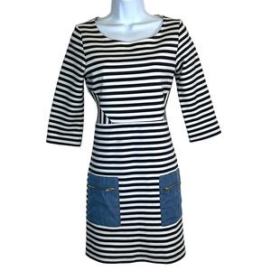 Anthropologie Tabitha Marin Dress Navy White Striped PonteKnit Patch Pocket